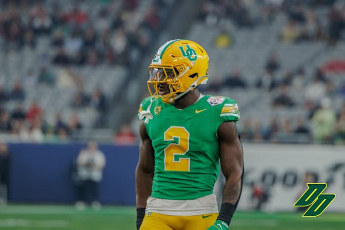 Oregon Ducks linebacker Jeffrey Bassa in the Vrbo Fiesta bowl vs. the Liberty Flames.